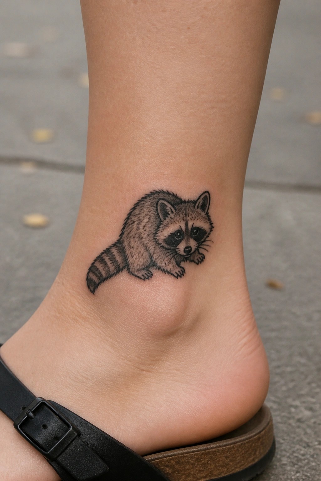 Raccoon tattoo on ankle above black buckled sandal on foot