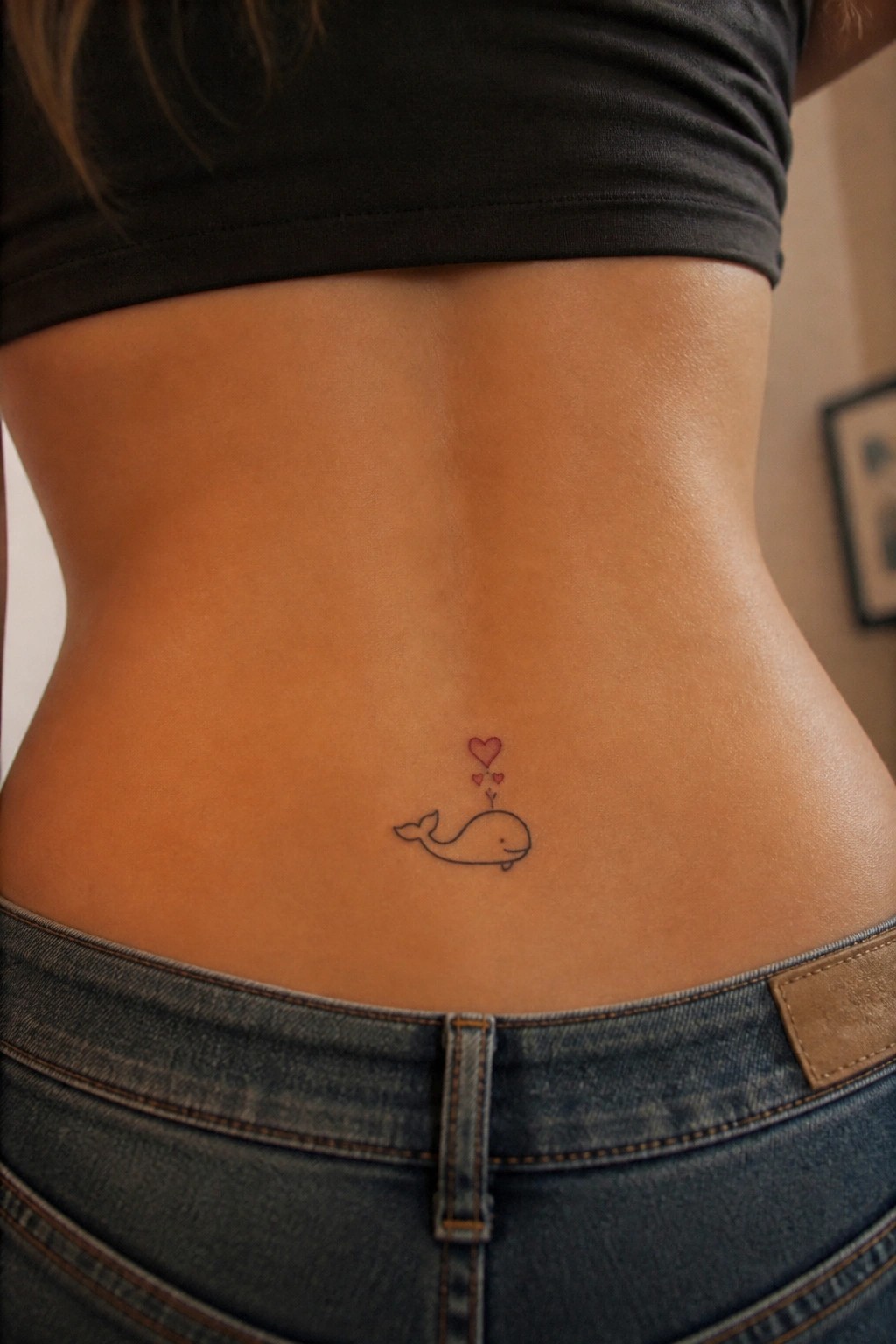 Whale tattoo with pink hearts on lower back below black crop top and jeans