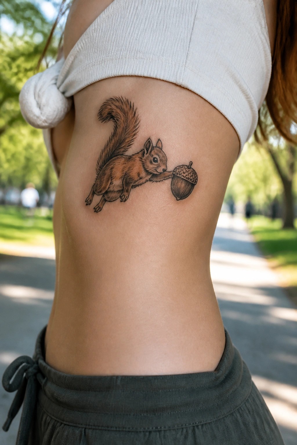Squirrel holding acorn tattoo on side under white knotted crop top outdoors