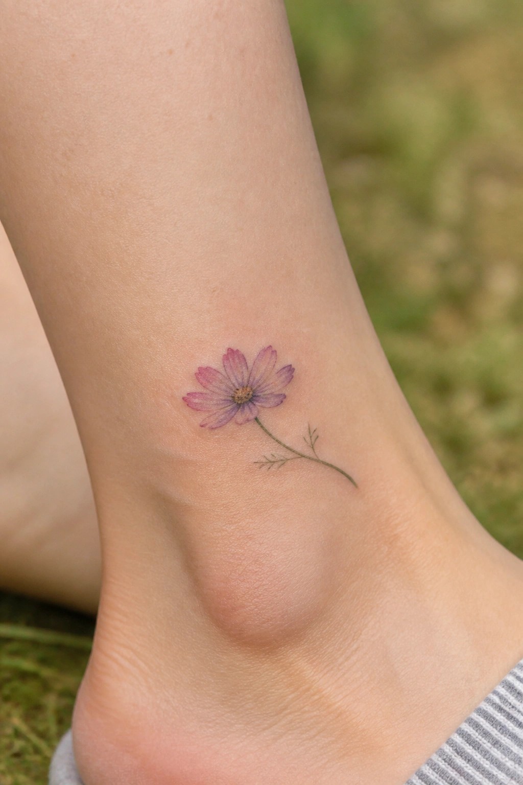 Pink-purple watercolor flower tattoo with green stem on bare ankle