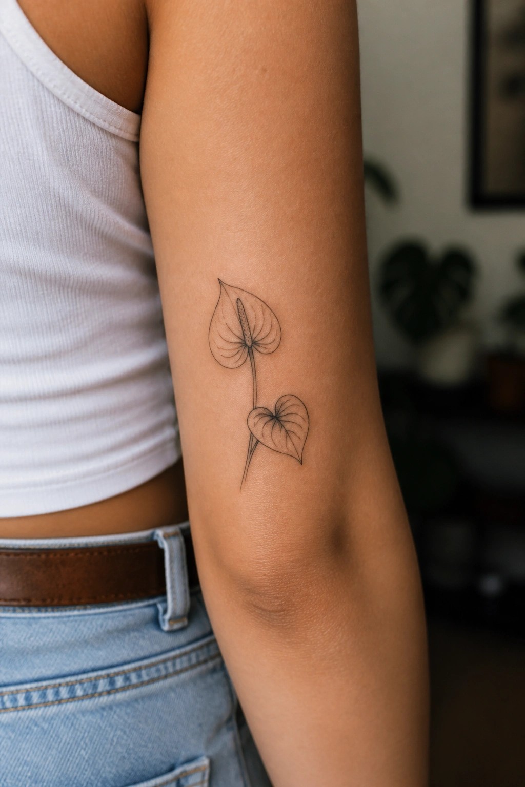 Person's upper arm with black line-art leaf tattoo, white tank top and blue jeans.
