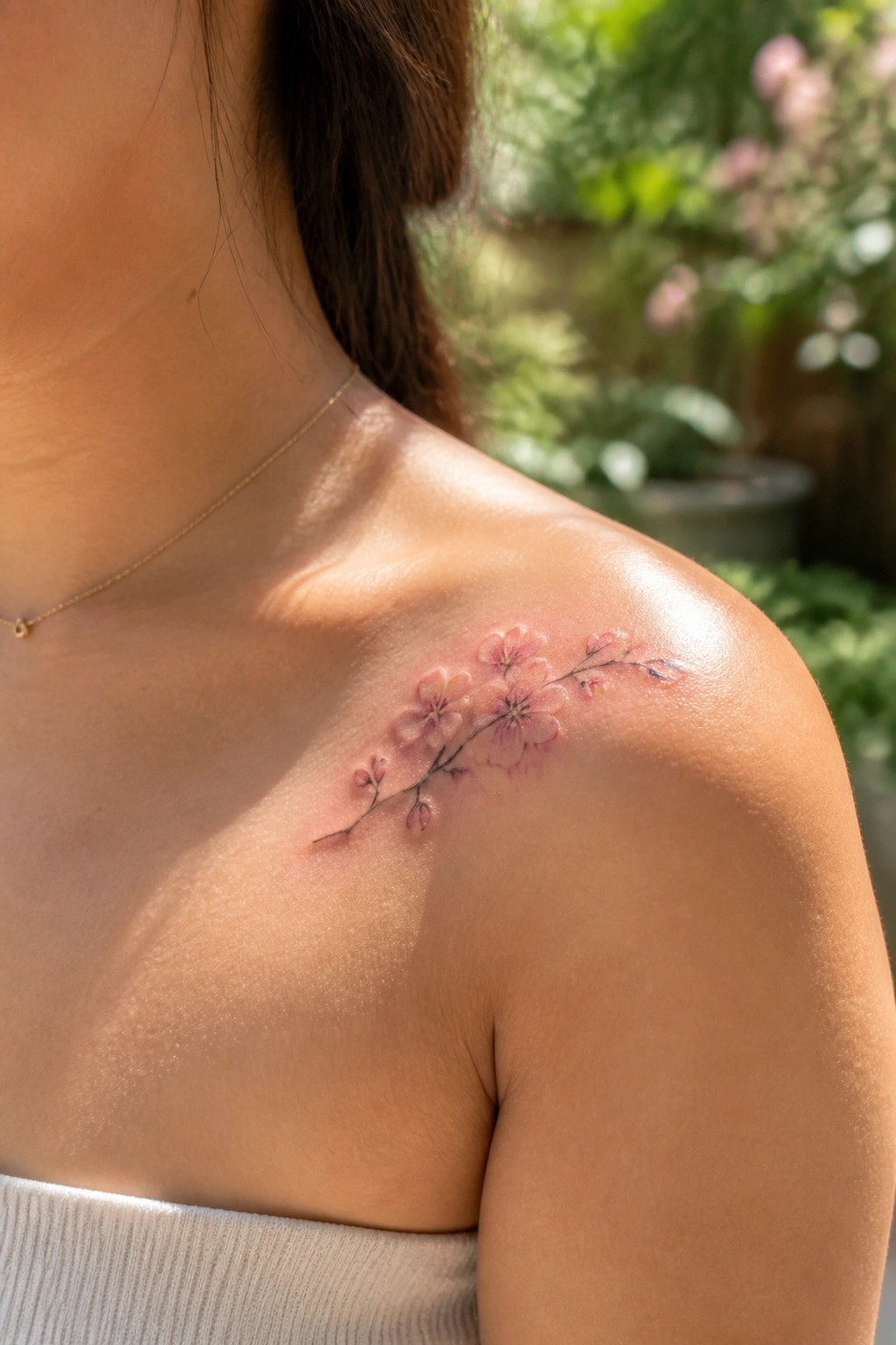 Small pink cherry blossom tattoo on a woman's shoulder with a delicate branch design