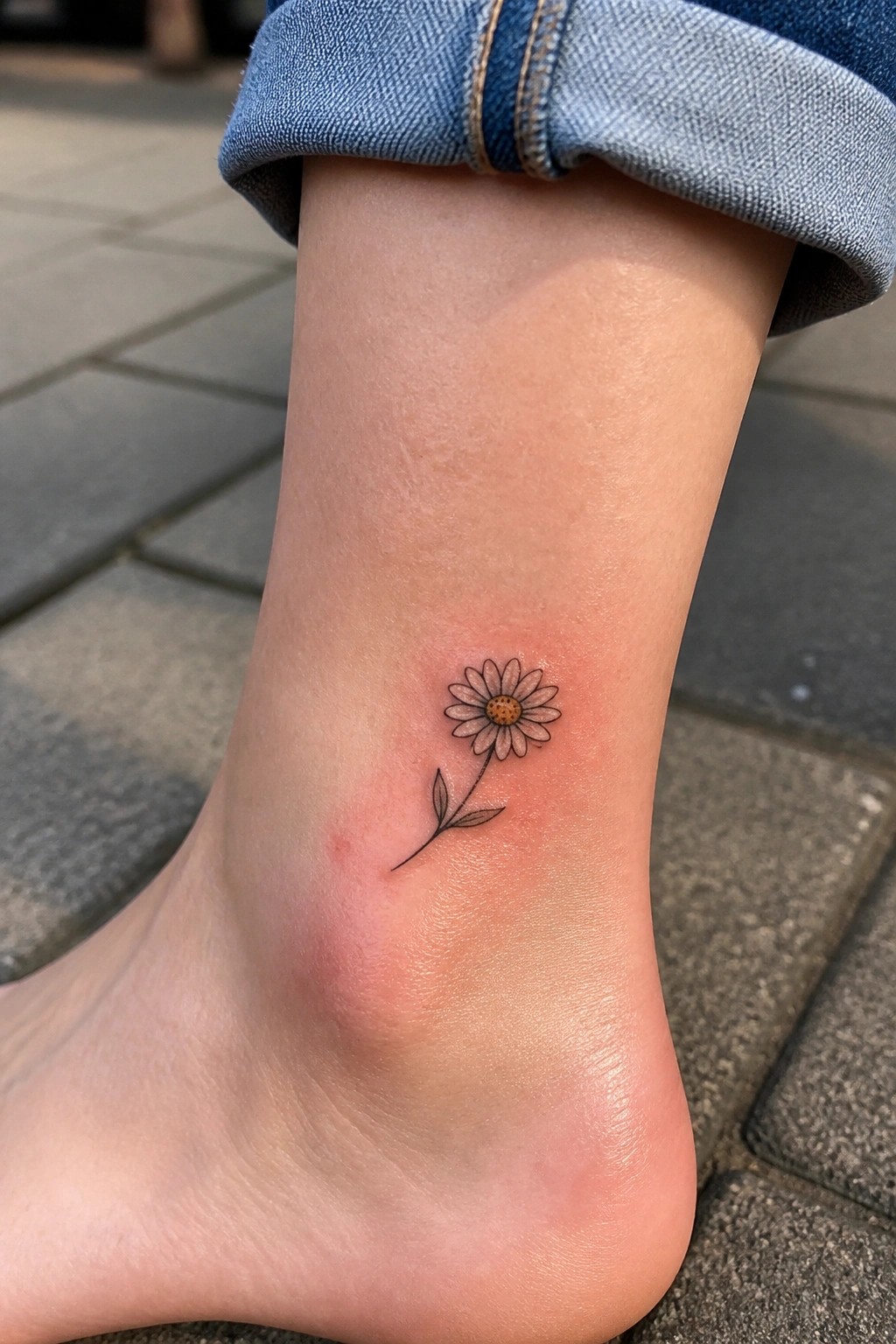 Small daisy tattoo on ankle below rolled blue denim jeans cuff