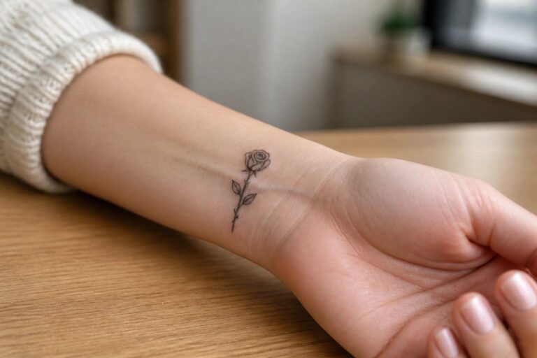 24 Gorgeous Small Flower Tattoos for Women in Soft Feminine Styles Fine line rose tattoo on inner wrist above wooden table with ring