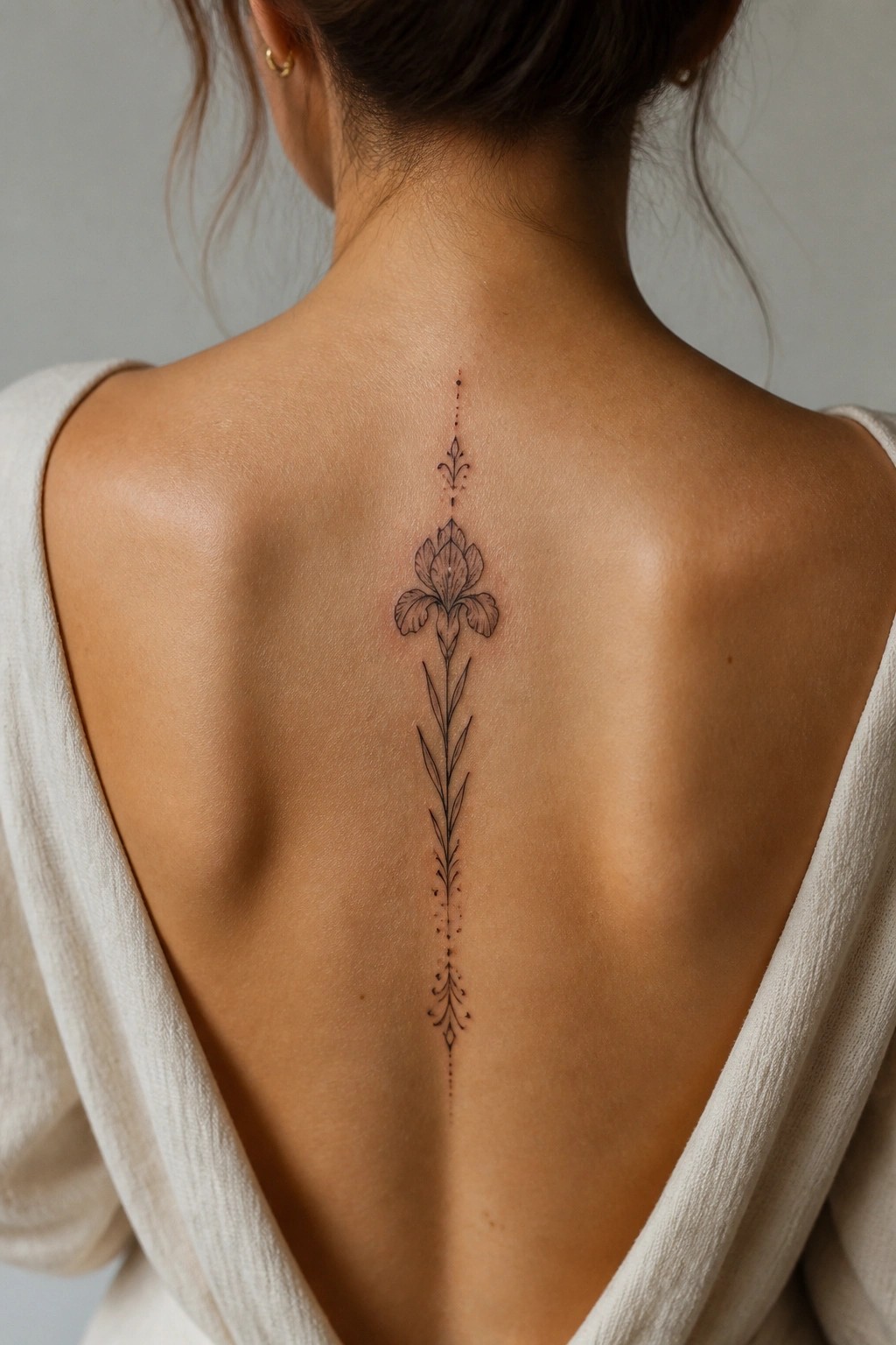 Fine line iris flower tattoo with stem and leaves placed vertically along the spine on a woman's upper back.