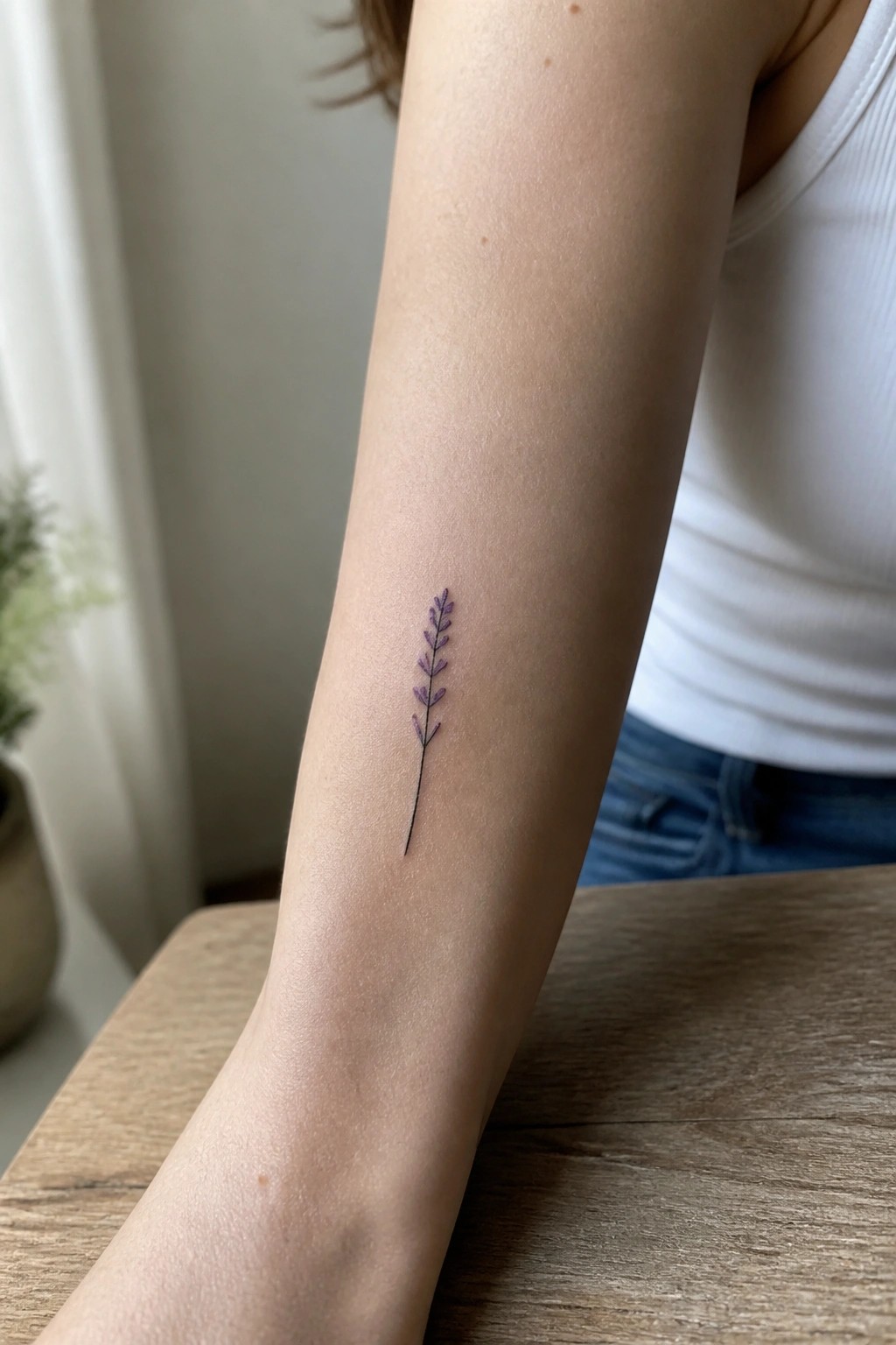 Purple lavender tattoo on forearm beside white tank top and wooden table