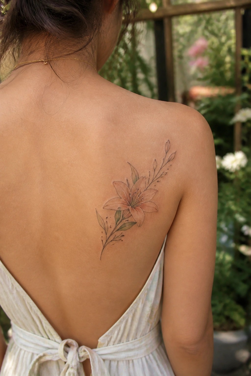 Woman's upper back with pink lily tattoo, wearing white backless tied dress in garden