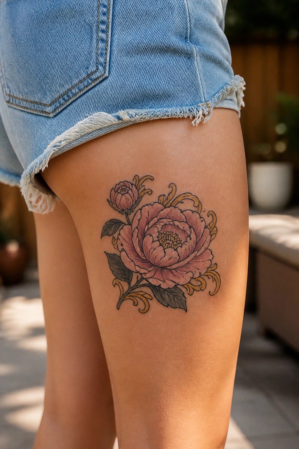 Pink peony tattoo with leaves on thigh below frayed denim shorts