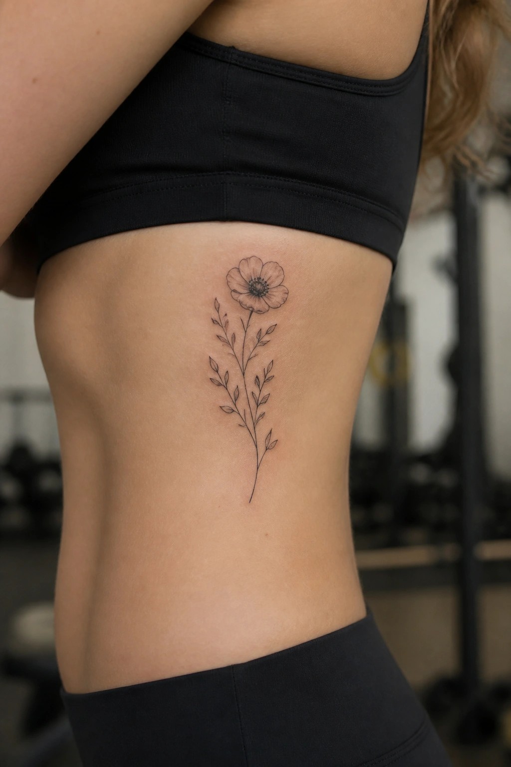Black sports bra and delicate flower tattoo on ribcage in gym