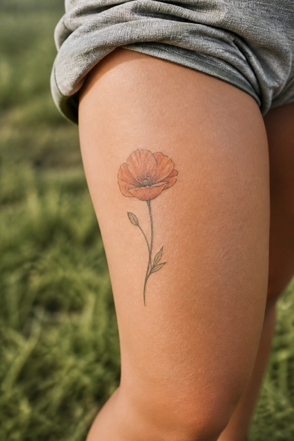 Orange poppy tattoo on thigh below gray shorts with blurred green background
