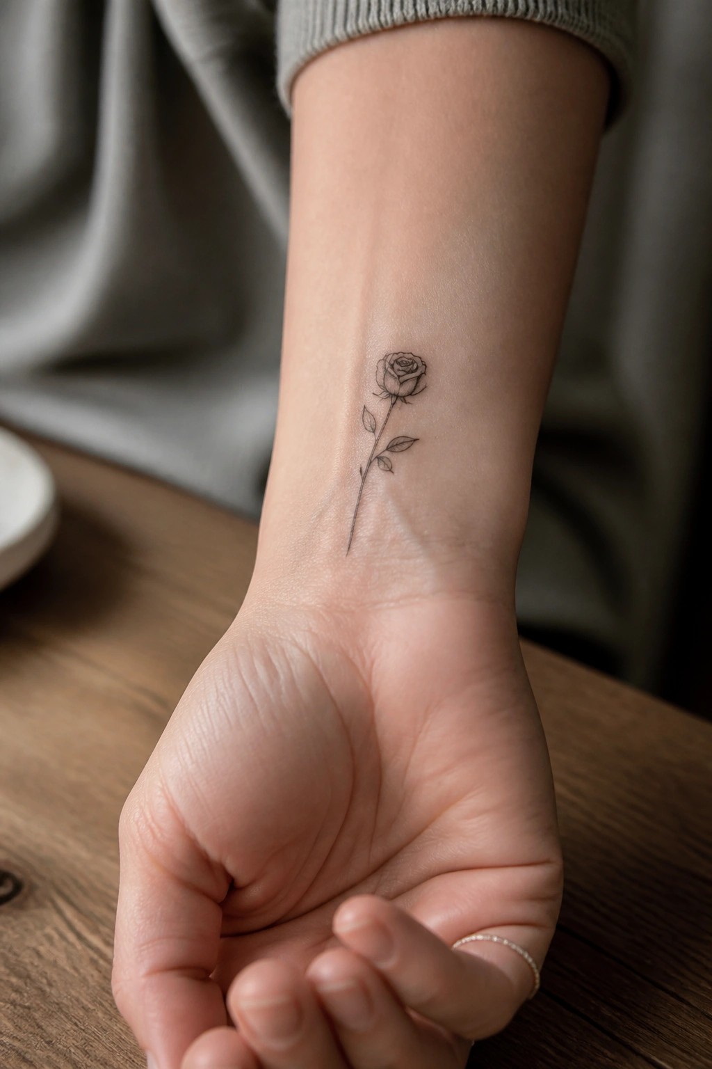 Fine line rose tattoo on inner wrist above wooden table with ring