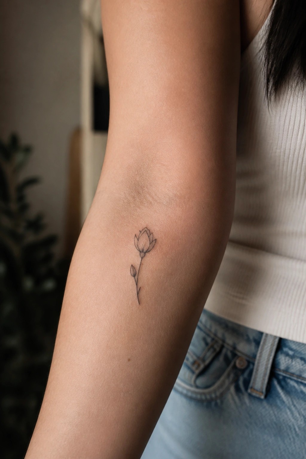 Fine line drawing of a small lotus style flower with stem and leaf on the inner forearm