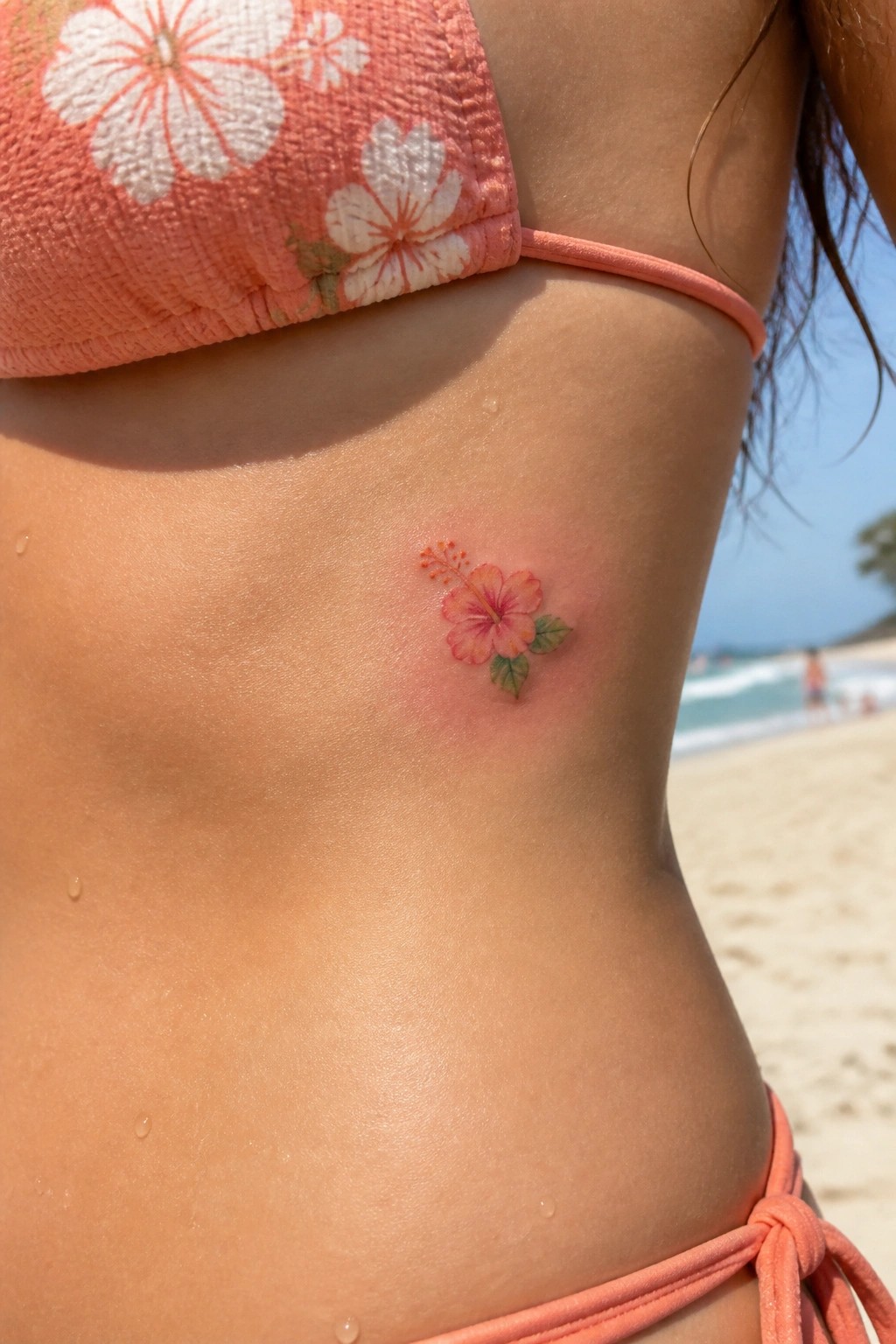 Pink floral bikini top and small hibiscus tattoo on ribcage at beach