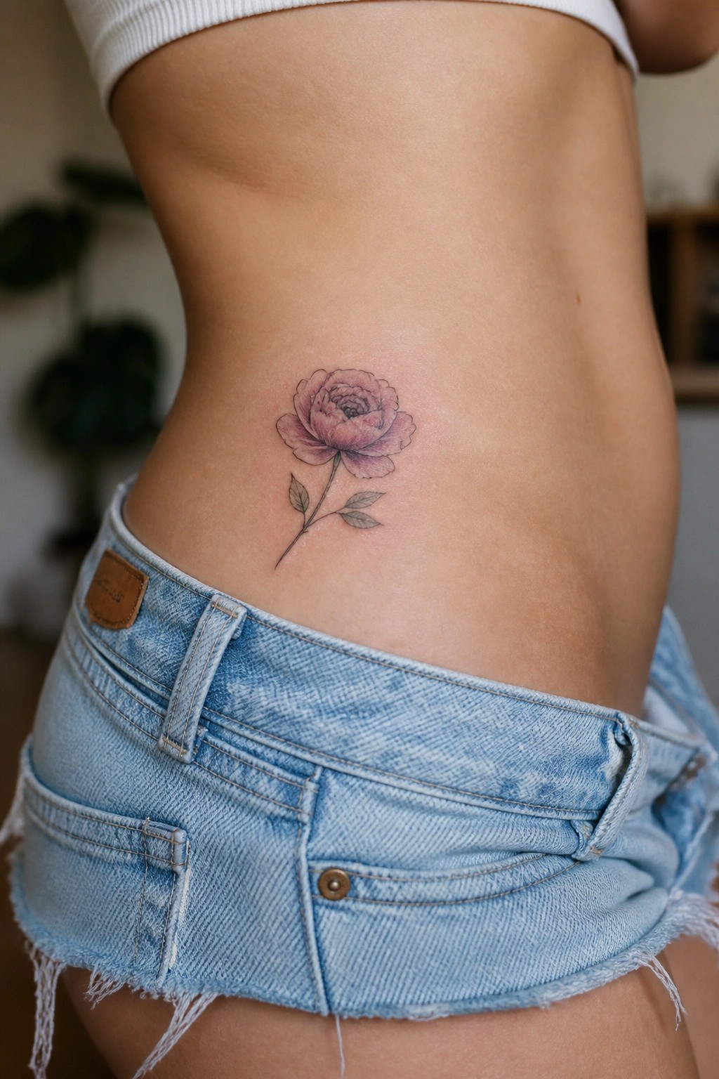 Tattooed pink rose on bare midriff above light-wash frayed denim shorts.