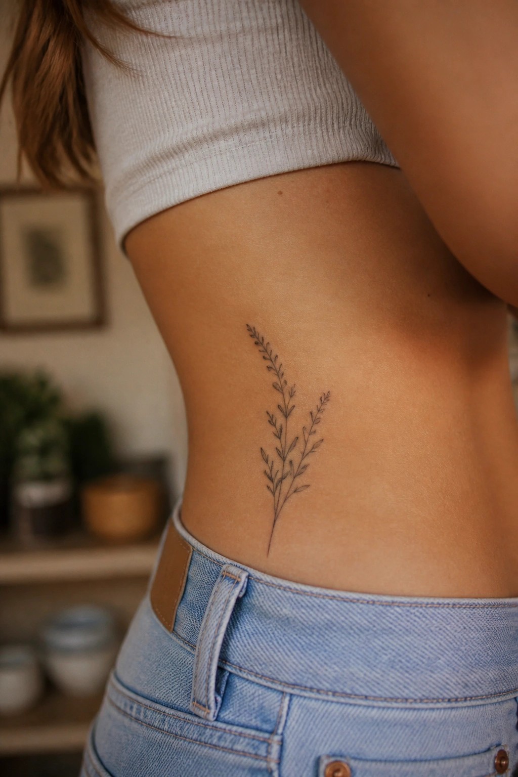 Woman's midriff with delicate line-art plant tattoo above blue jeans