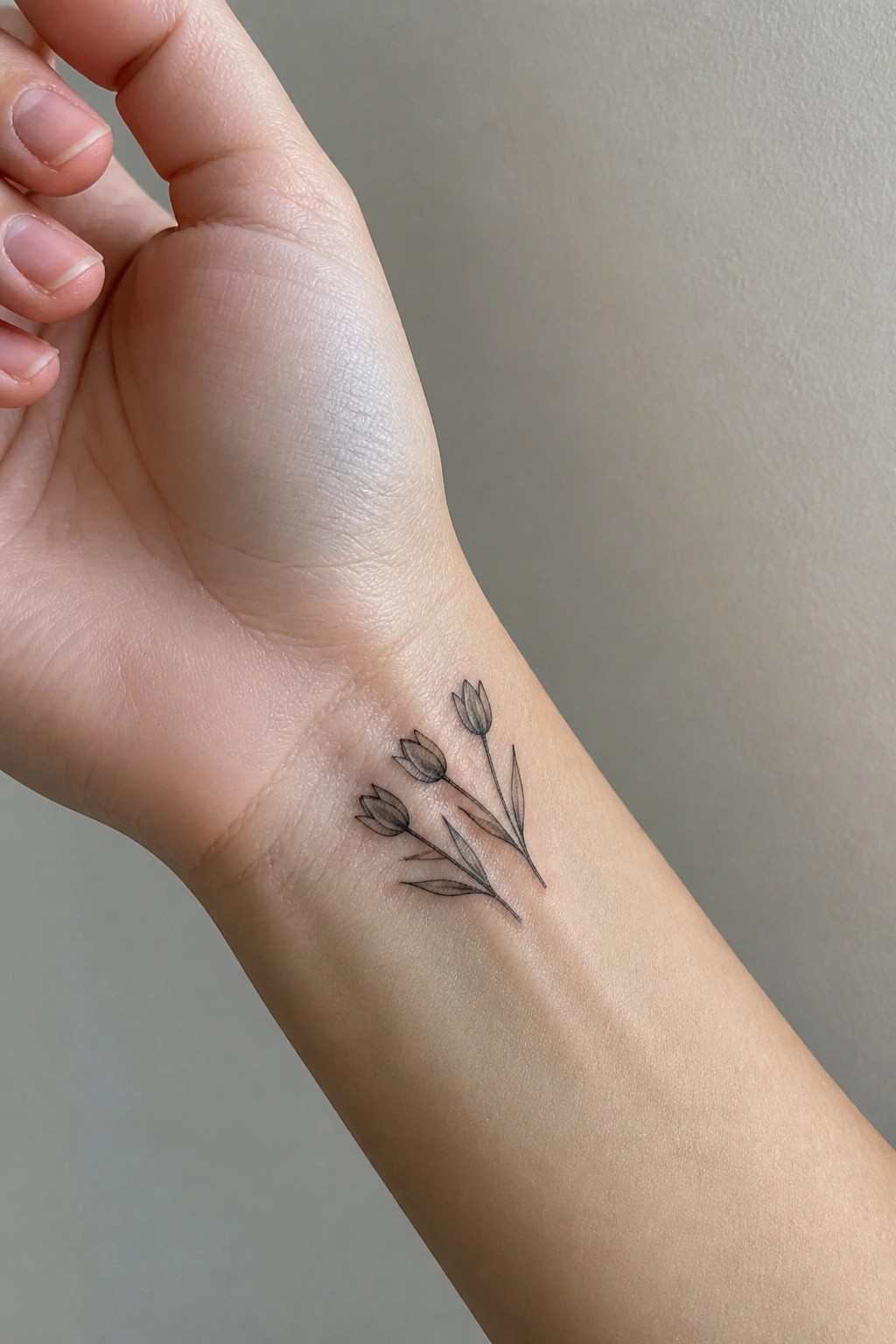 Fine line black tulip tattoo on a person's inner wrist