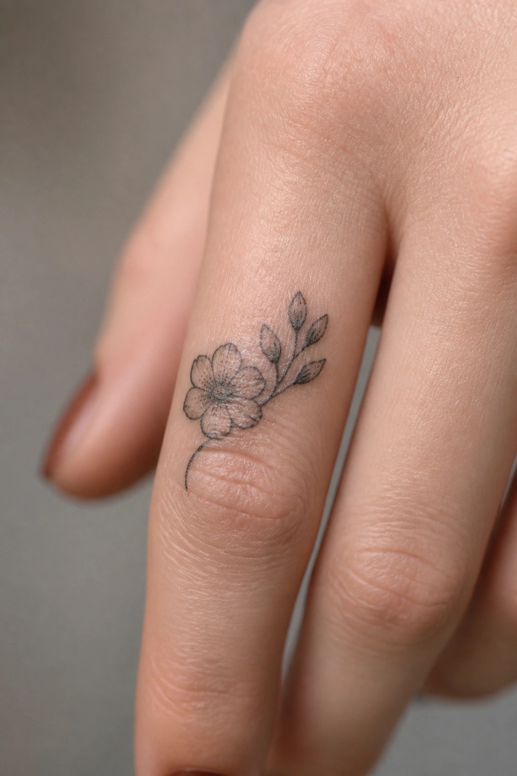 Close-up of a delicate black flower tattoo with leaves on a finger