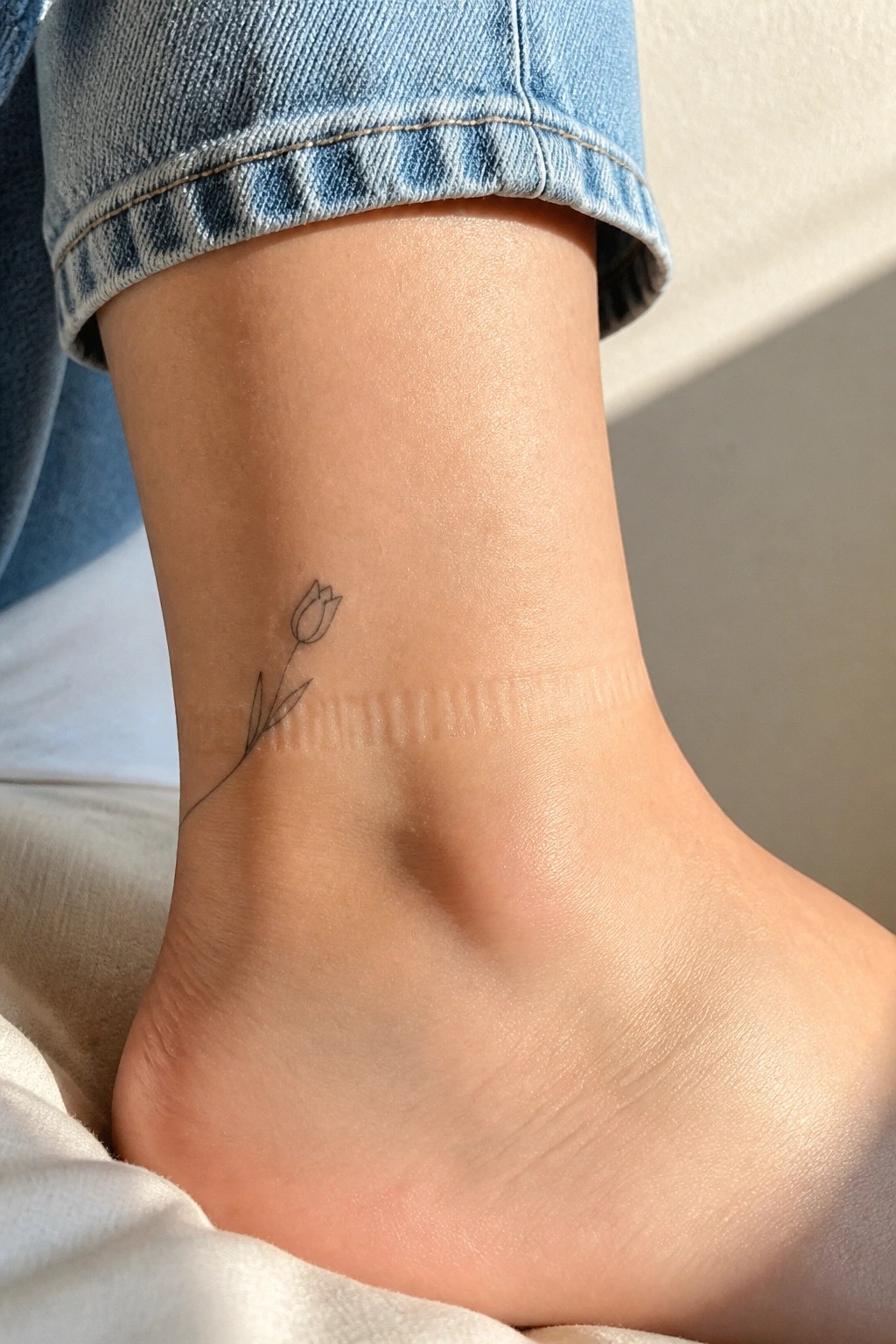 Small black tulip tattoo on ankle below rolled-up blue denim jeans