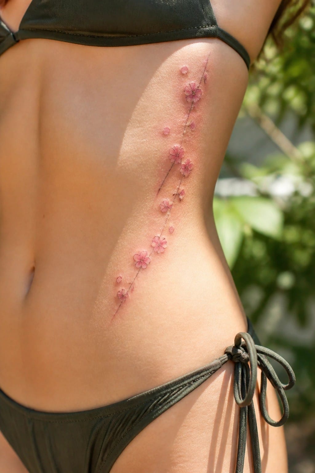 Woman's back with fresh pink cherry blossom tattoo over green bikini