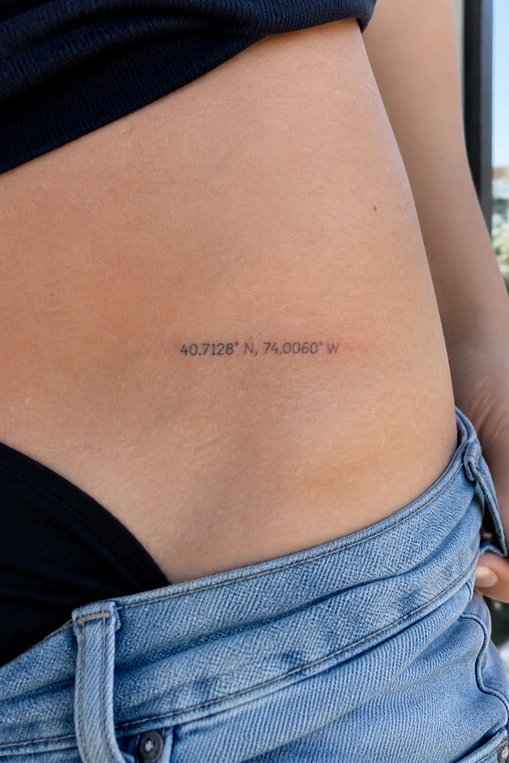 Coordinates tattoo 40.7128° N, 74.0060° W on skin above blue jeans
