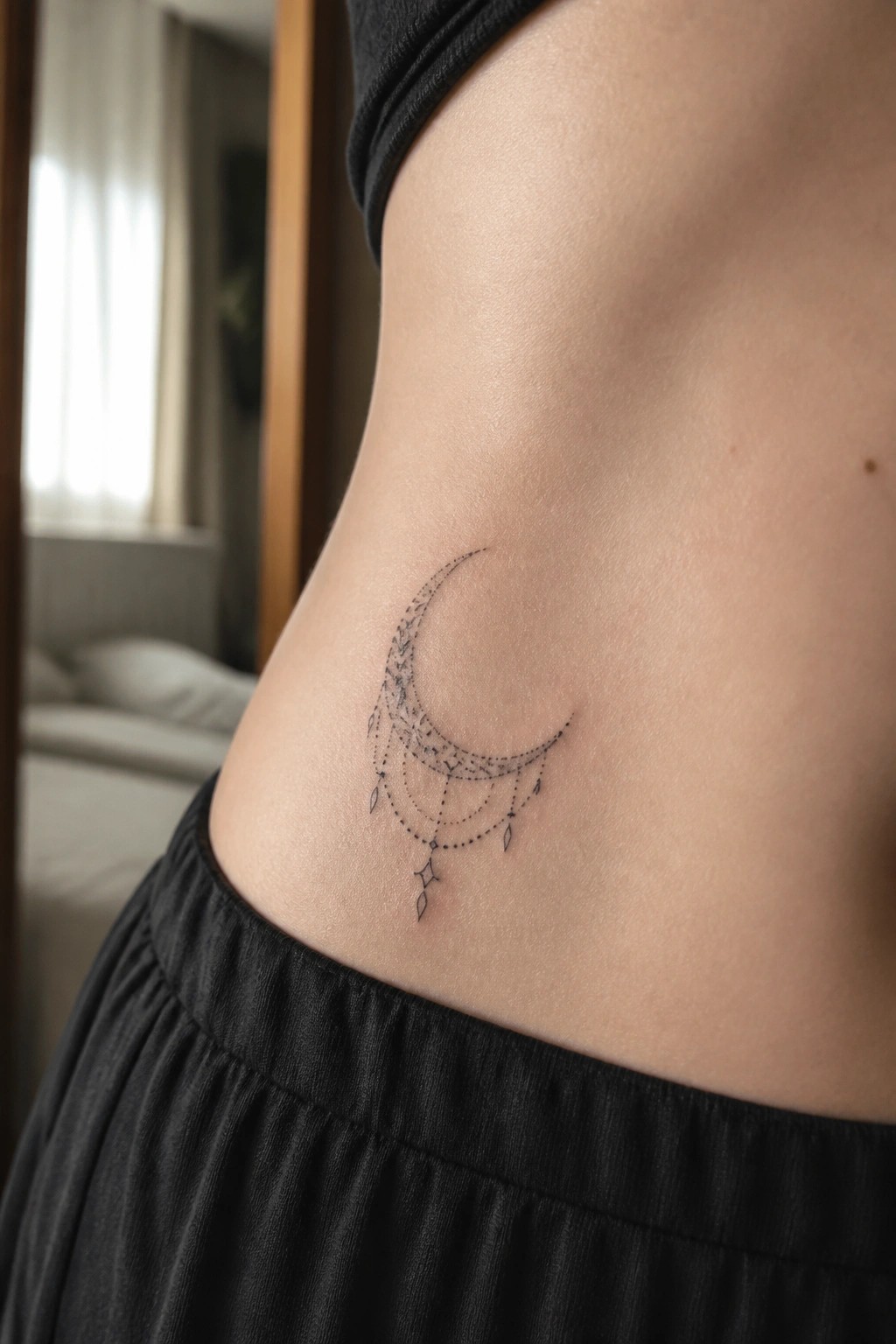 Crescent moon tattoo with dangling charms on skin above black clothing
