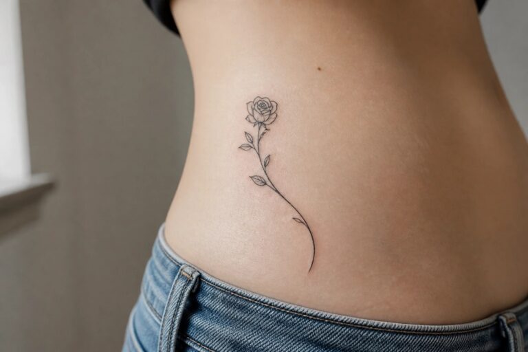 23 Stunning Hip and Side Waist Tattoo Ideas for a Soft Feminine Style Minimalist black rose tattoo with long stem on torso above blue jeans.