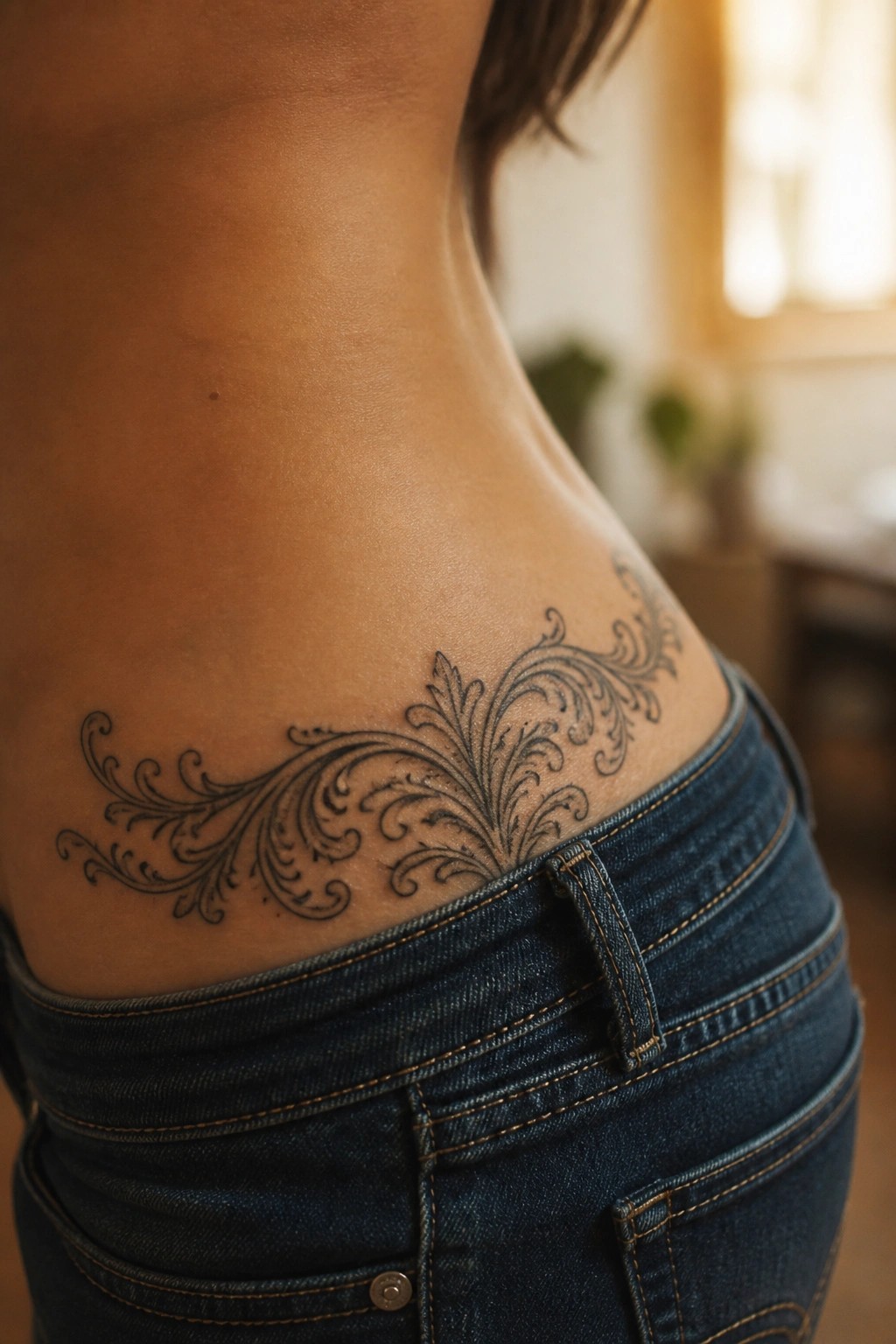 Ornate black filigree tattoo on lower back above blue denim jeans