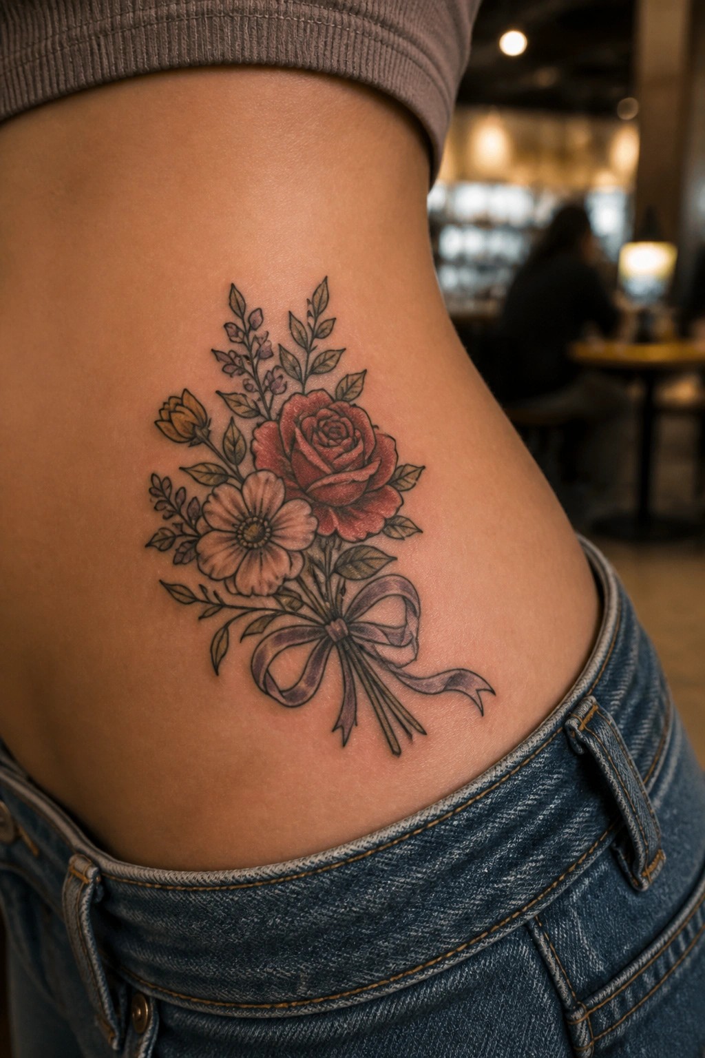 Floral rose tattoo with purple bow on hip above blue denim jeans