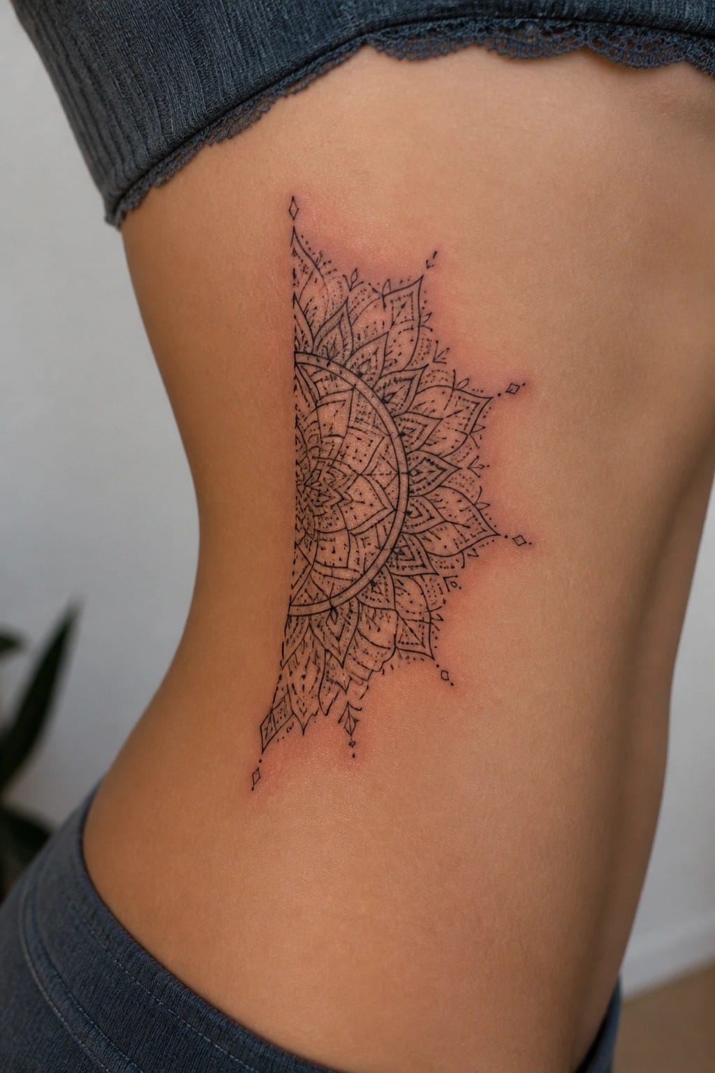Intricate black mandala tattoo on torso beside gray ribbed top with lace trim