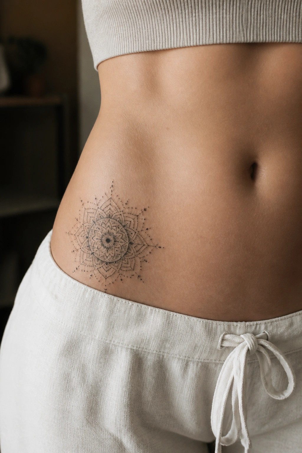 Mandala tattoo on abdomen above white drawstring pants and crop top.
