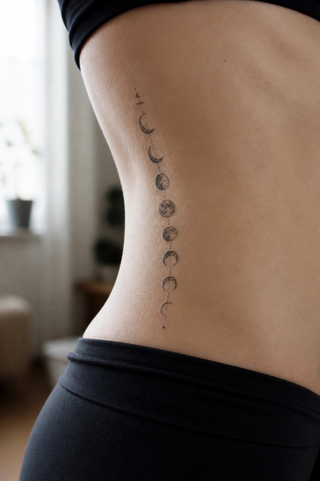 Vertical moon phases tattoo on side torso in black clothing, soft indoor light.