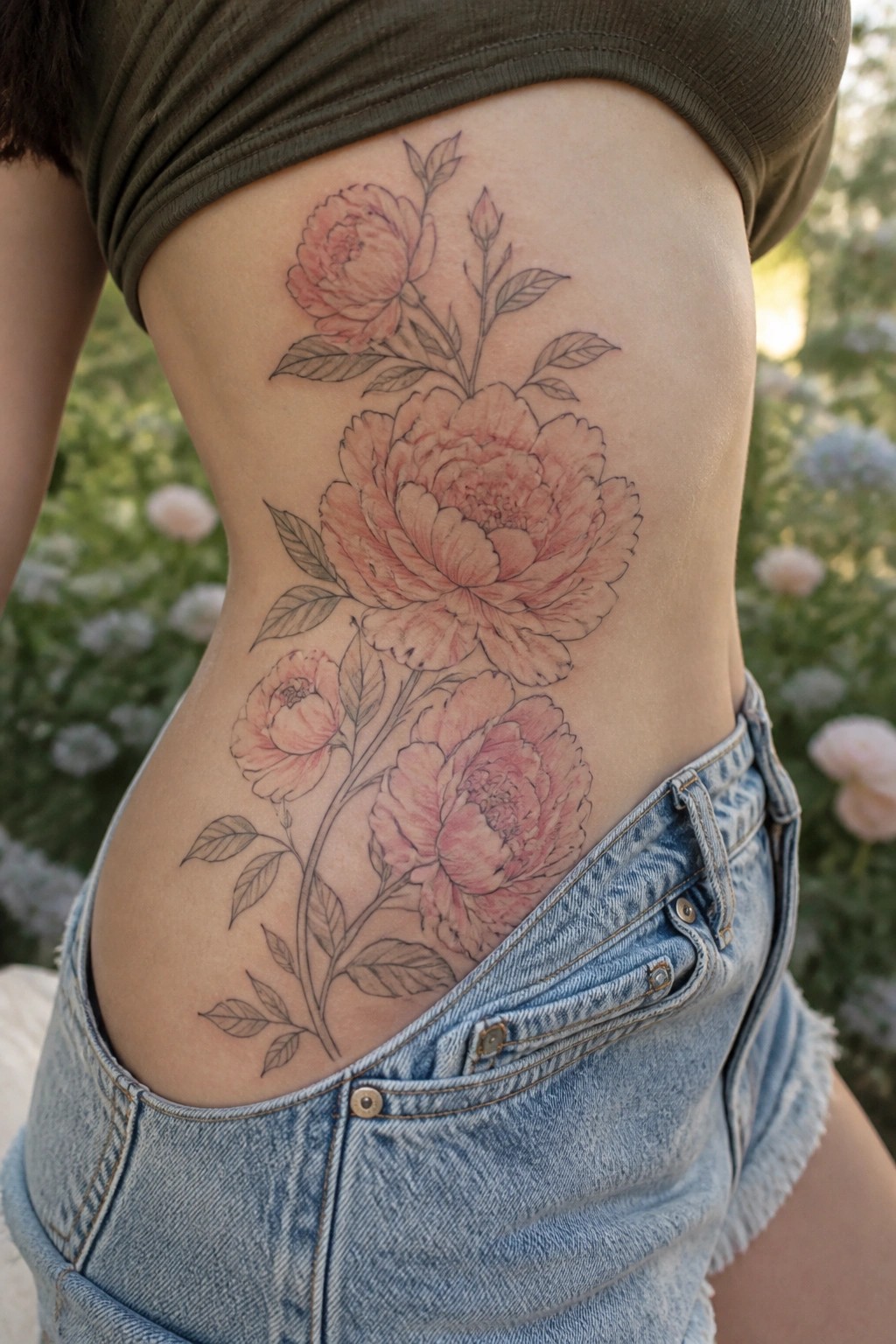 Pink peony floral tattoo on hip with green top and denim shorts