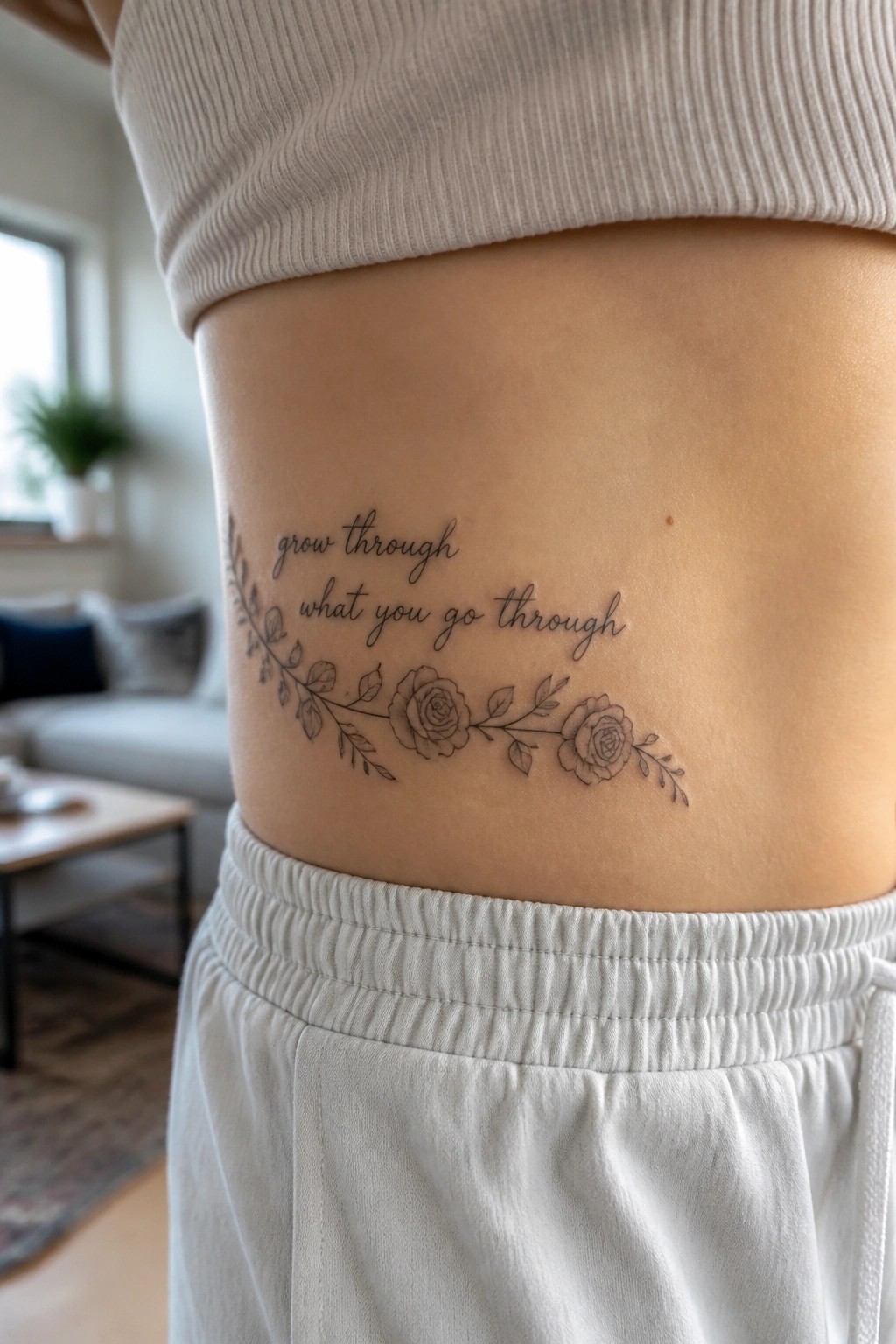 Tattoo on torso with roses and quote