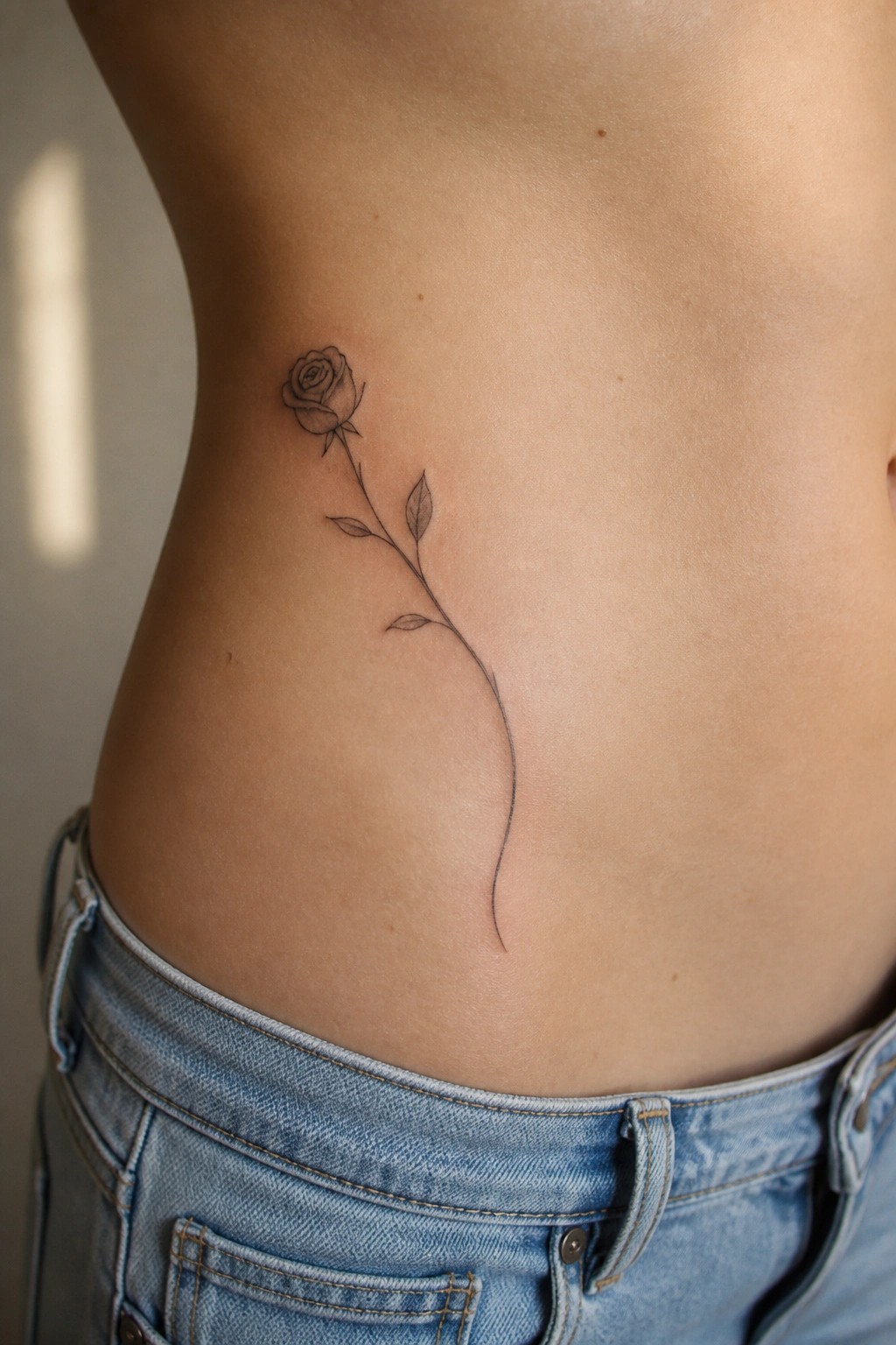 Minimalist black rose tattoo with long stem on torso above blue jeans.