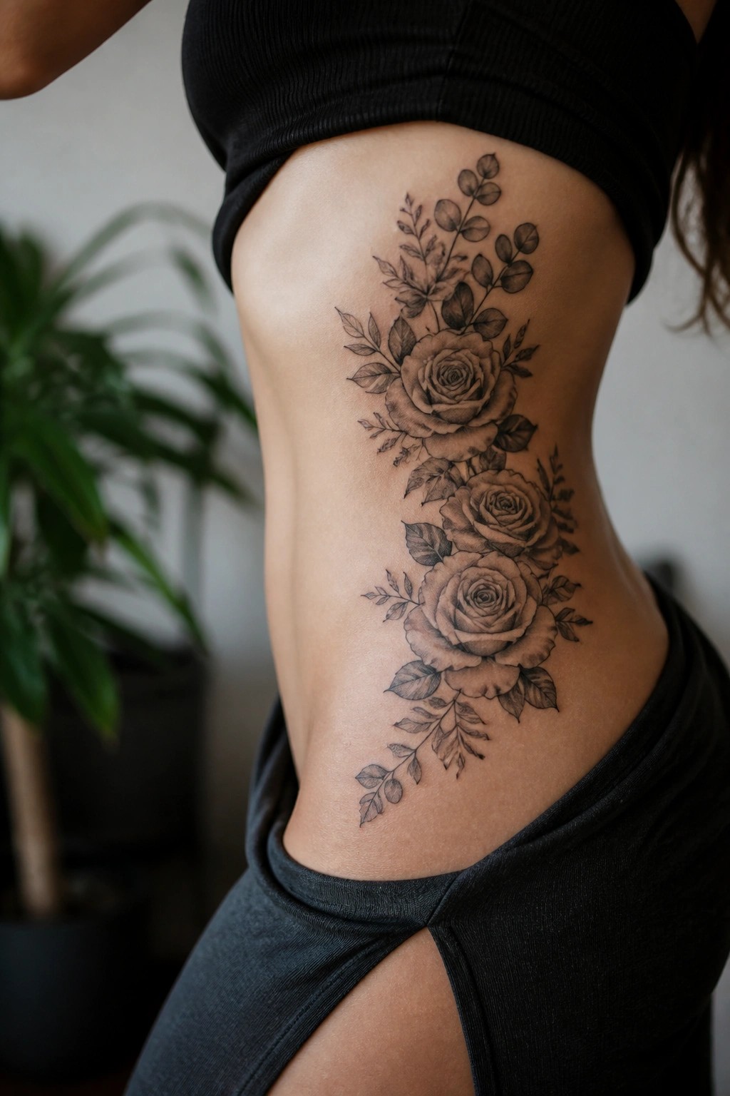Black rose tattoo on woman's side torso with black crop top and gray bottoms