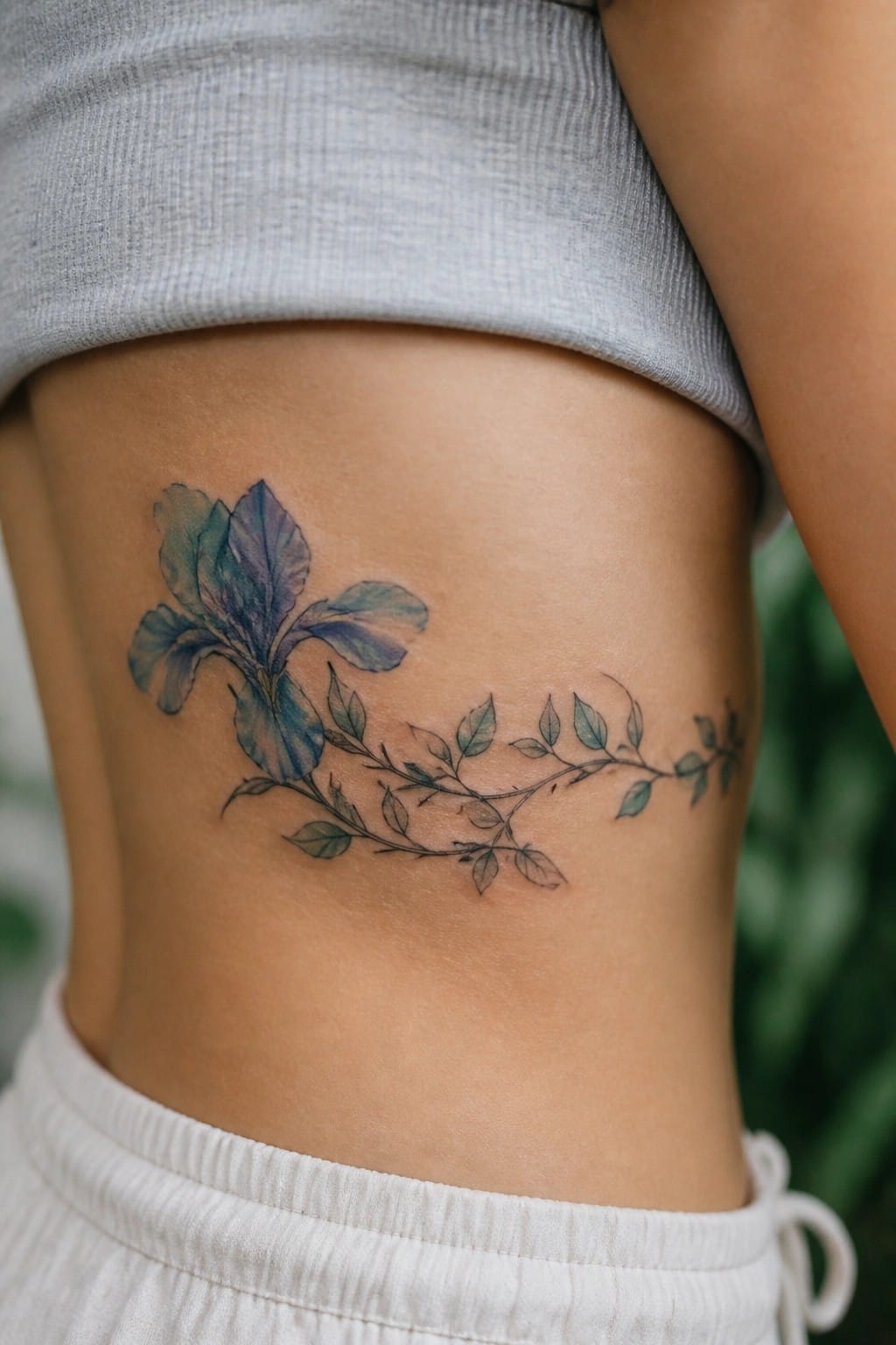 Watercolor blue iris flower and green leafy vine tattoo on midriff under gray top