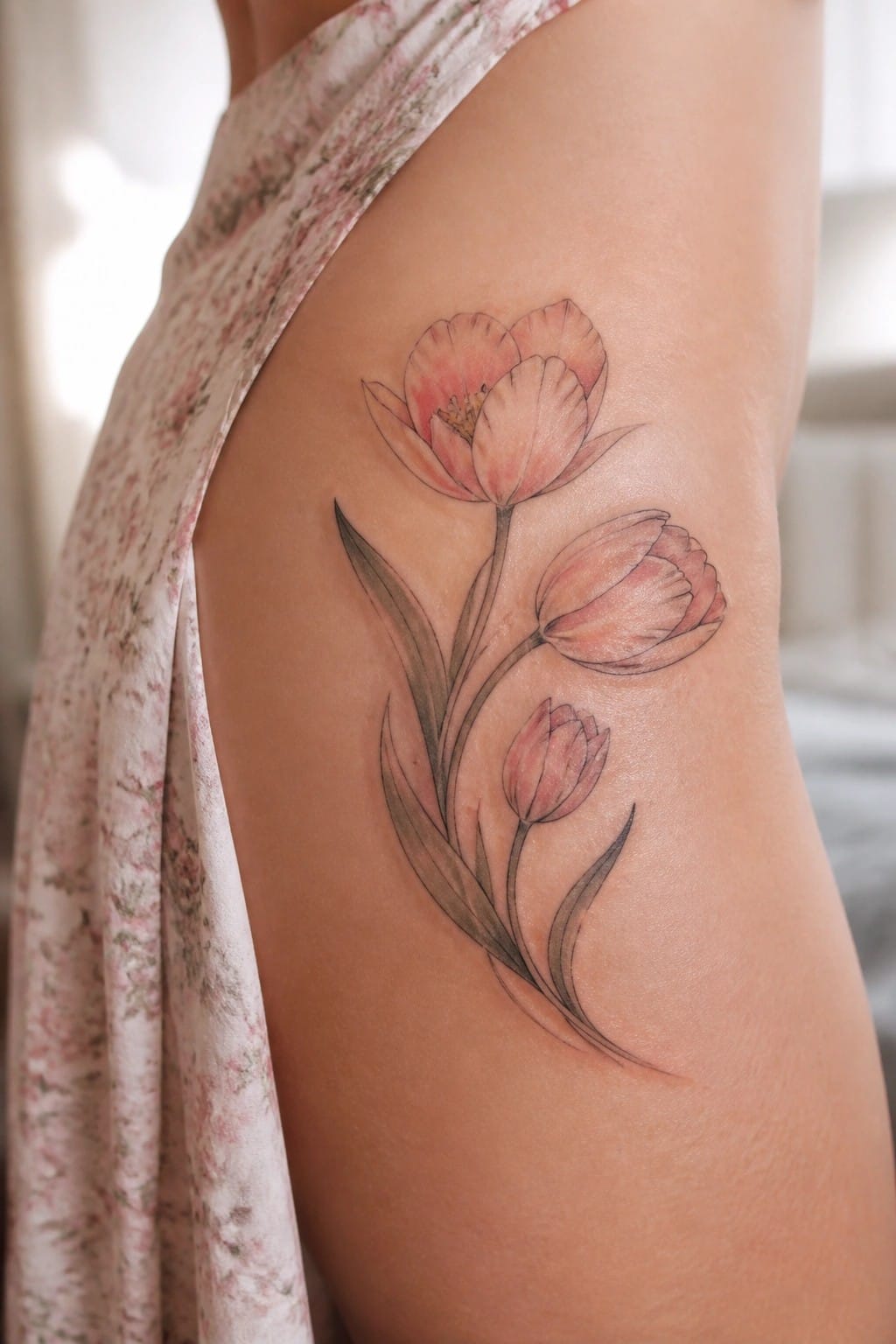 Pink tulip tattoo on upper arm beside floral fabric garment