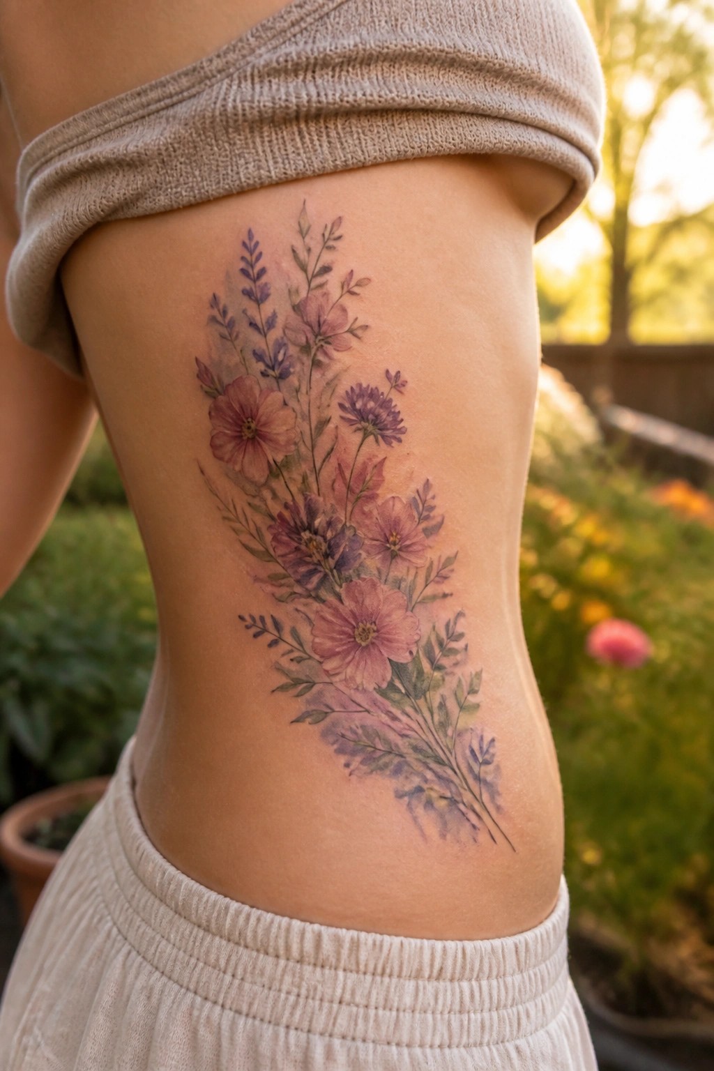Watercolor pink and purple floral tattoo on side under beige crop top