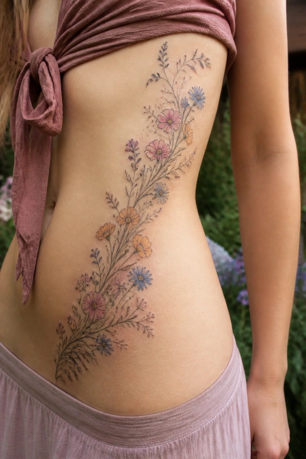 Colorful wildflower tattoo along woman's side under tied pink top