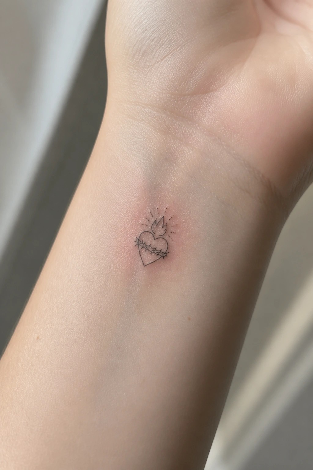 Small fine line tattoo of a heart with flame and barbed wire on the inner wrist