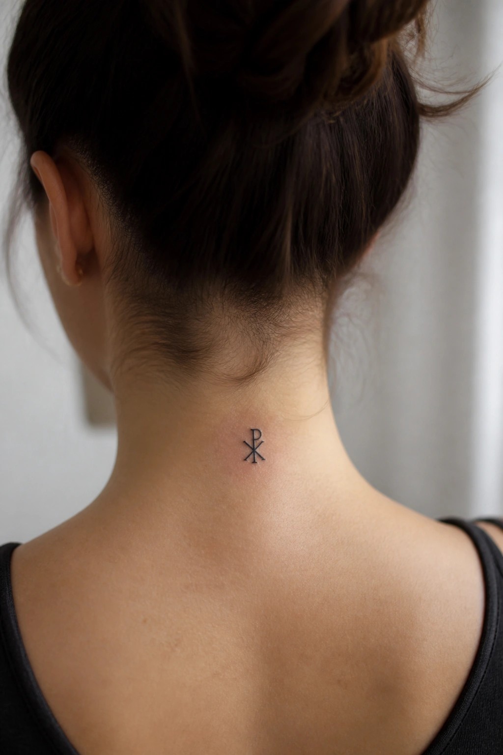 Small black chi rho tattoo centered on the back of a woman's neck below the hairline