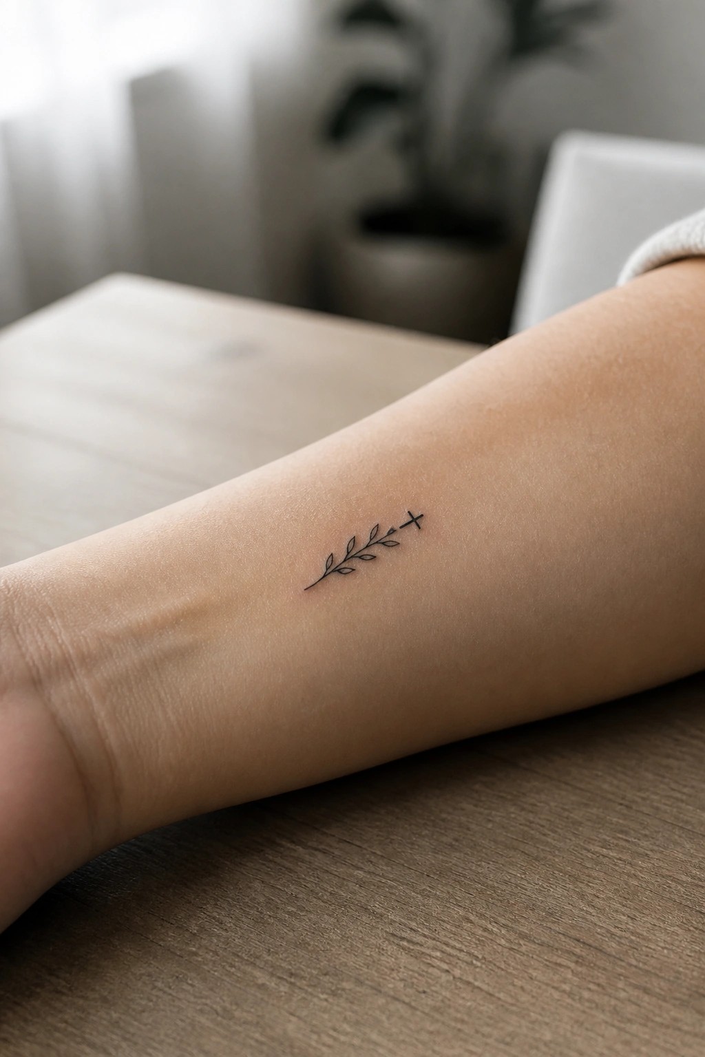 Forearm resting on wooden table with small black tattoo of leafy branch and cross