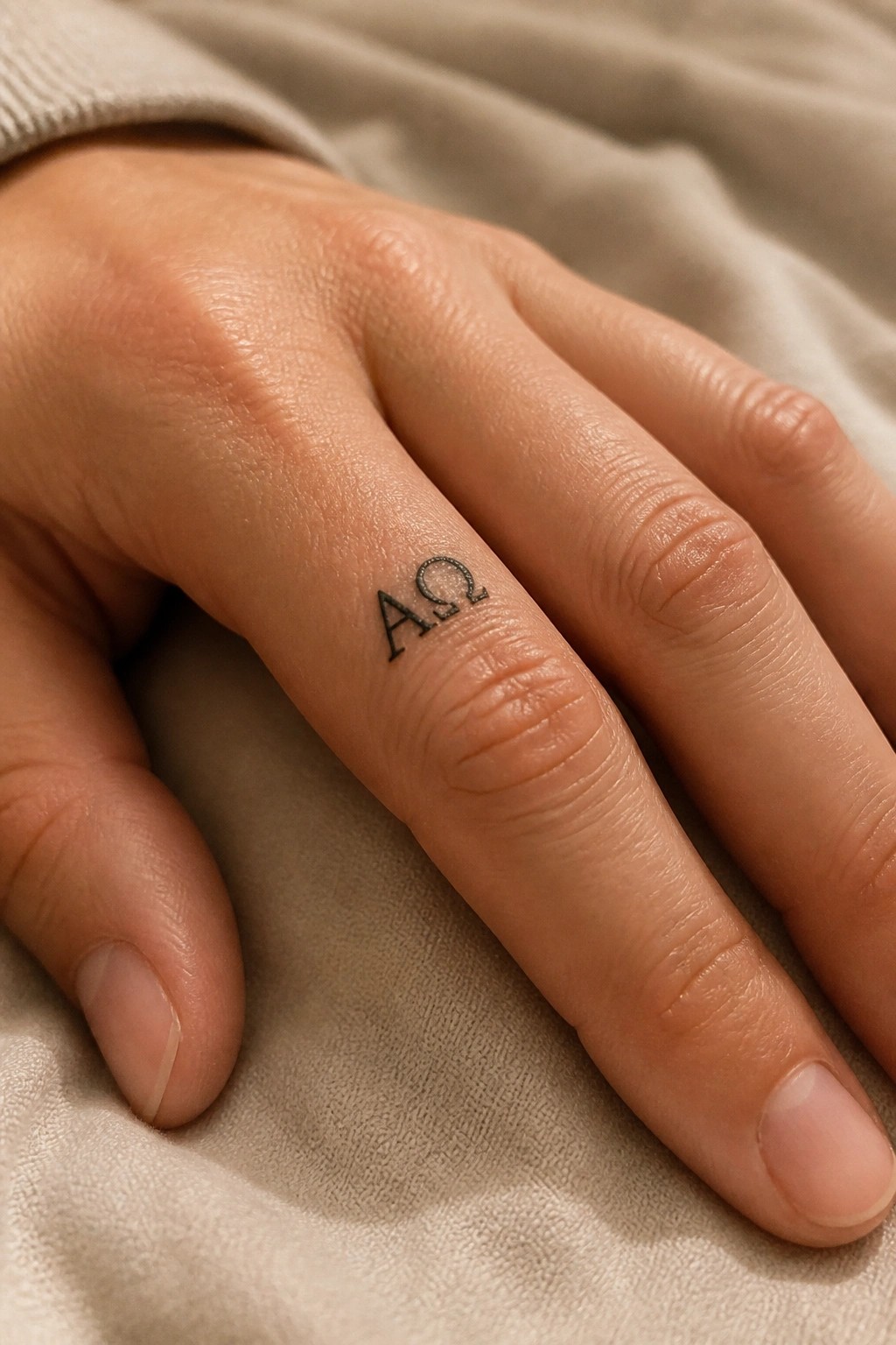 Small black alpha and omega tattoo on the side of a finger resting on fabric