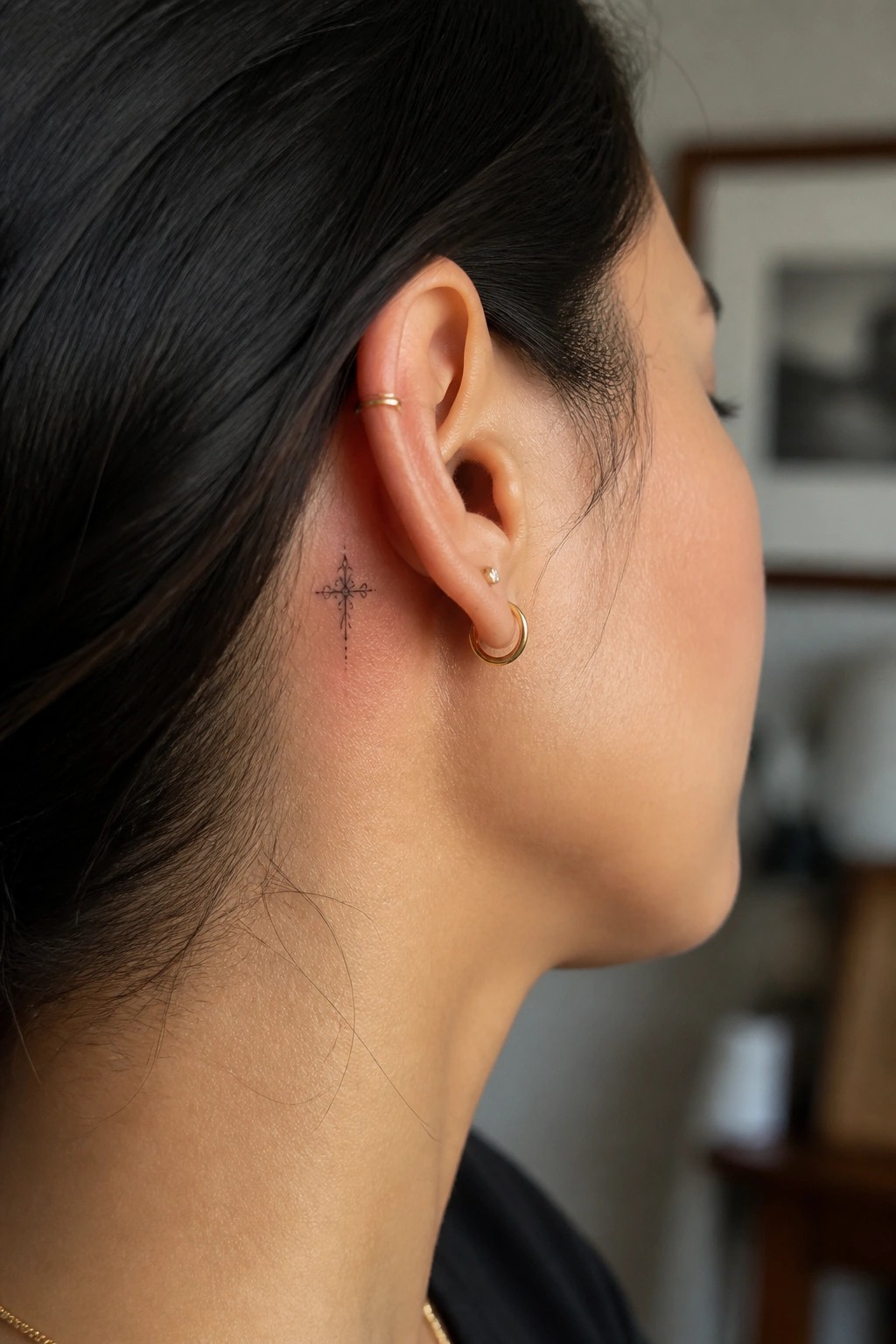 Woman's ear with cross tattoo, gold hoop earrings, and dark pulled-back hair