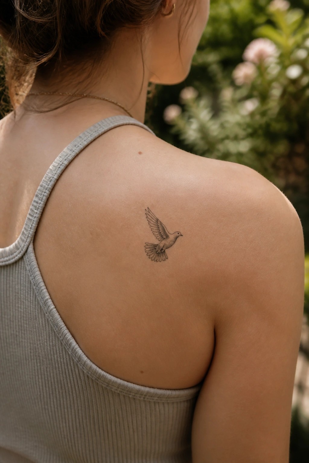 Woman's shoulder with small flying dove tattoo, wearing gray ribbed tank top outdoors