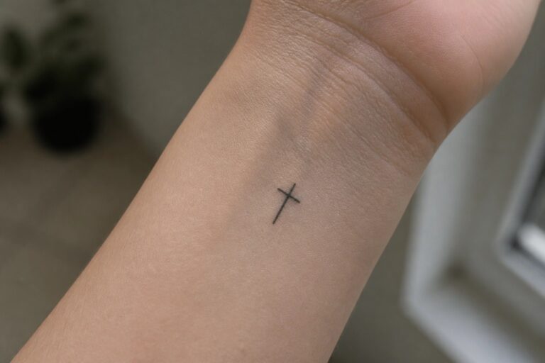24 Tiny Christian Tattoos That Keep Your Faith Close Without Large Designs Close-up of small black cross tattoo on light-skinned wrist.