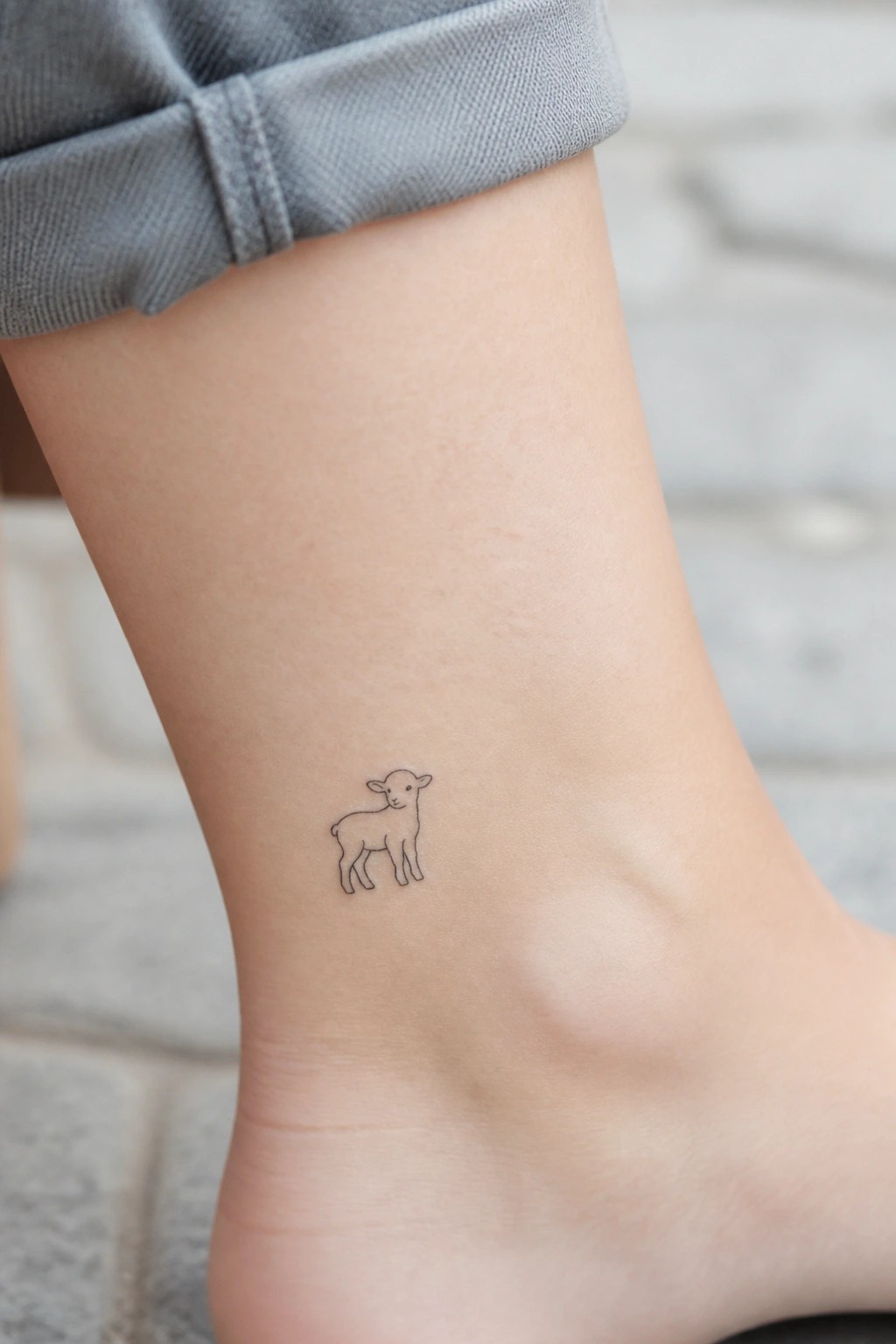 Small minimalist lamb tattoo on an ankle