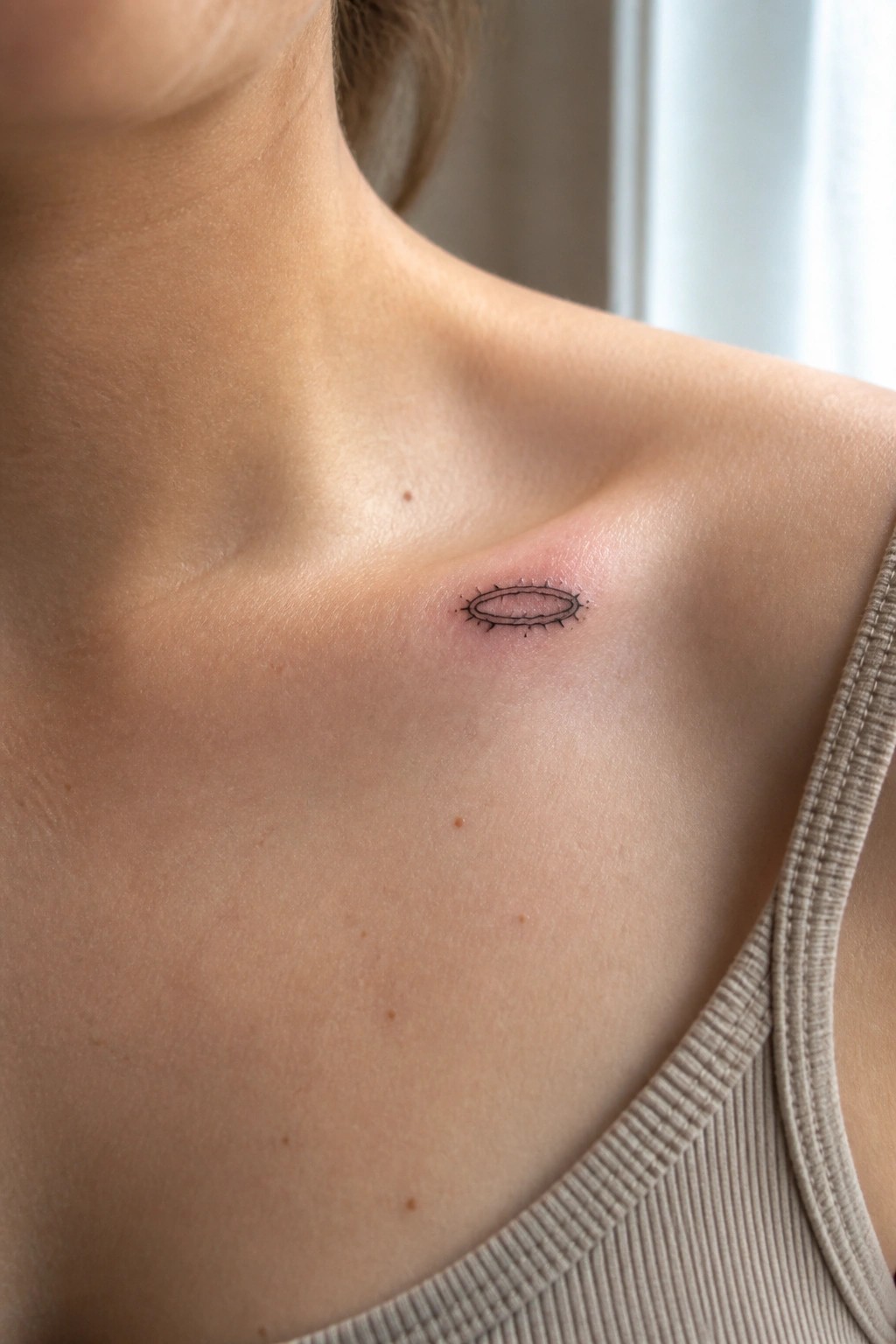 Small black oval tattoo with spikes on reddened collarbone above beige tank top