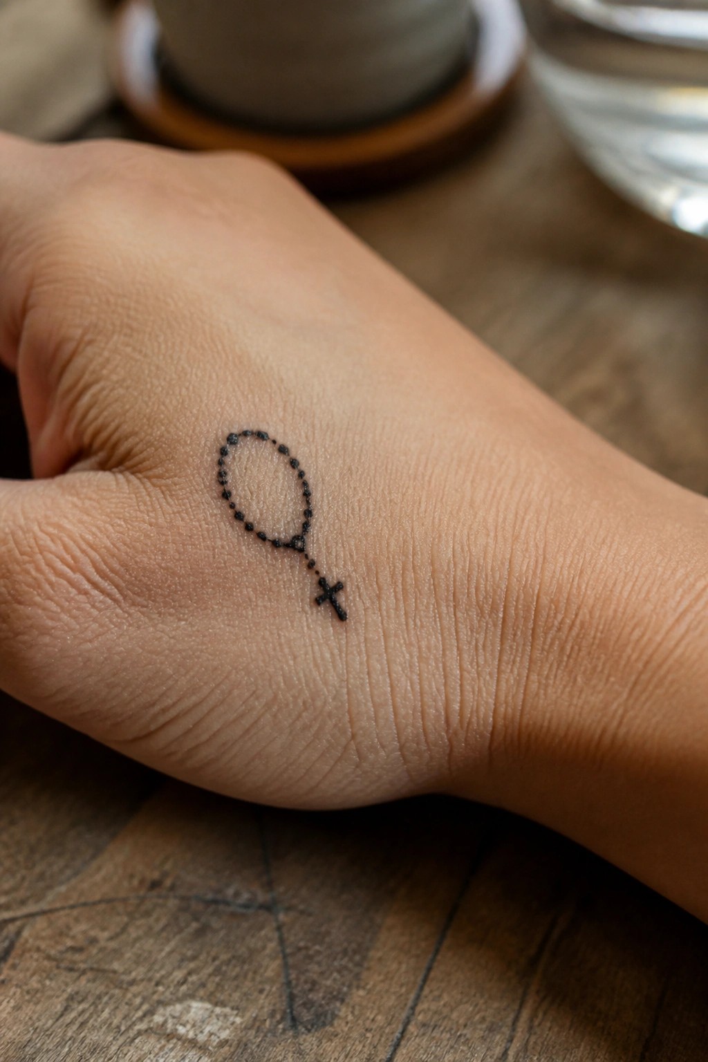 Small dotted rosary tattoo with a cross on the back of a hand