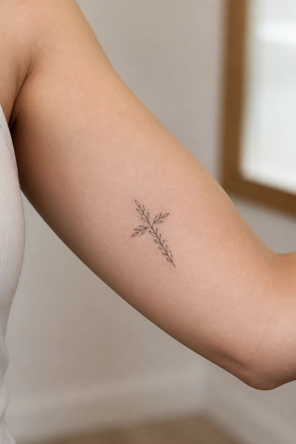 Leafy cross tattoo on inner forearm of person in white top